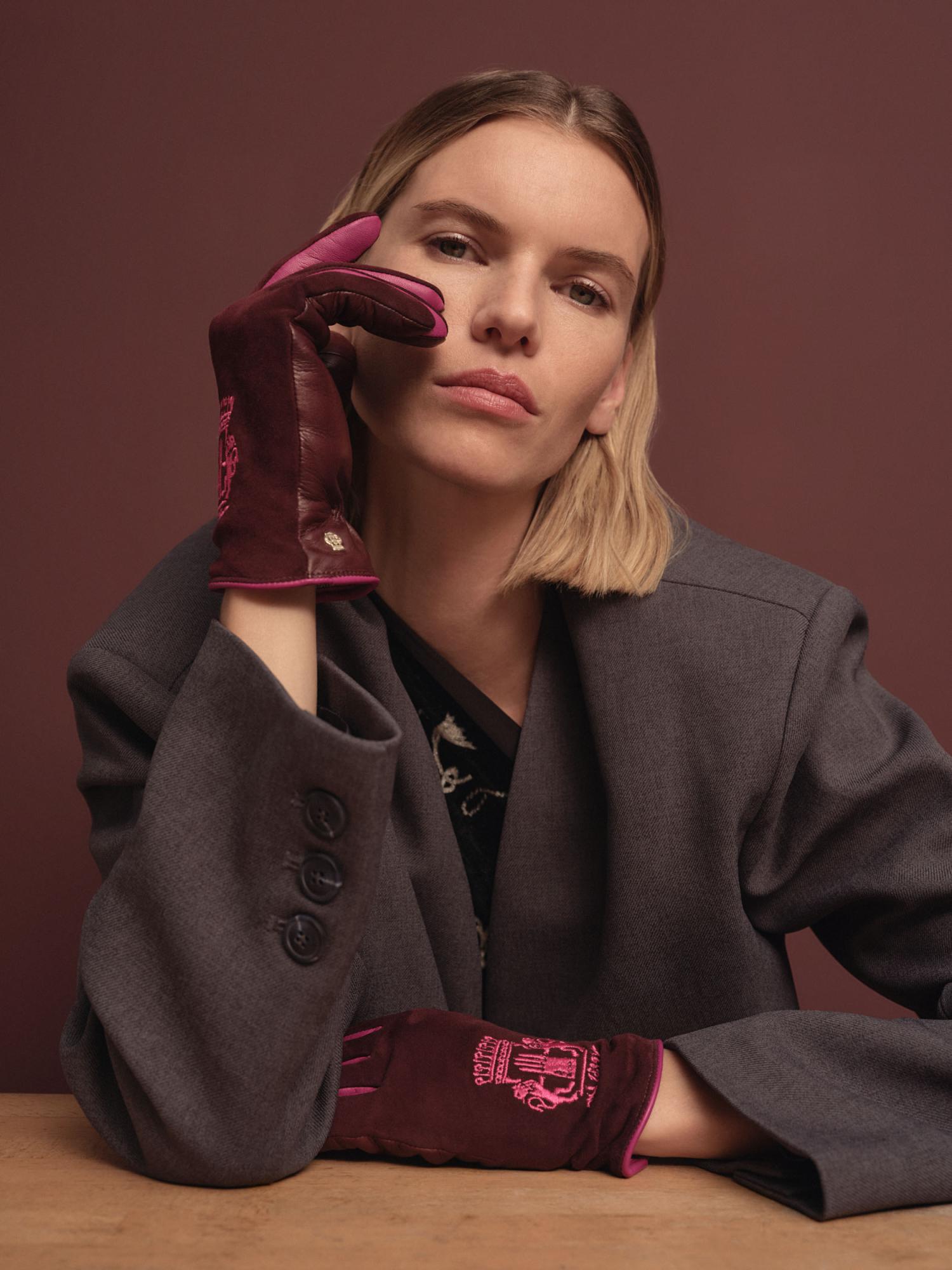 Lederhandschuhe Jubilee 185 in weinrot aus Haarschaf Nappaleder und Veloursleder mit Stickerei