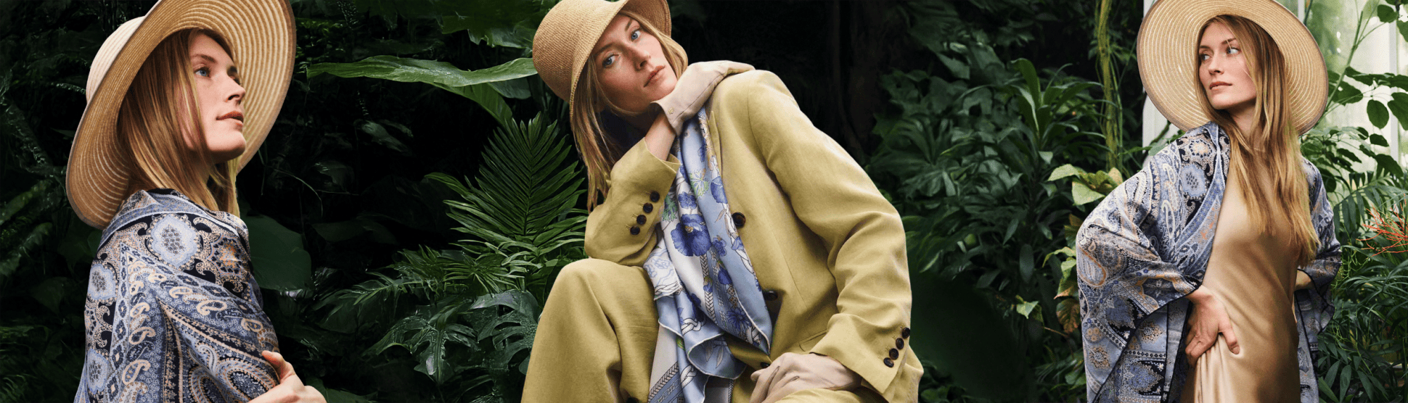 Drei elegante ROECKL-Sommerhüte in unterschiedlichen Designs – von natürlichem Strohhut mit Fransen über gestreiften Sonnenhut bis hin zum modernen Bucket Hat, stilvoll präsentiert.