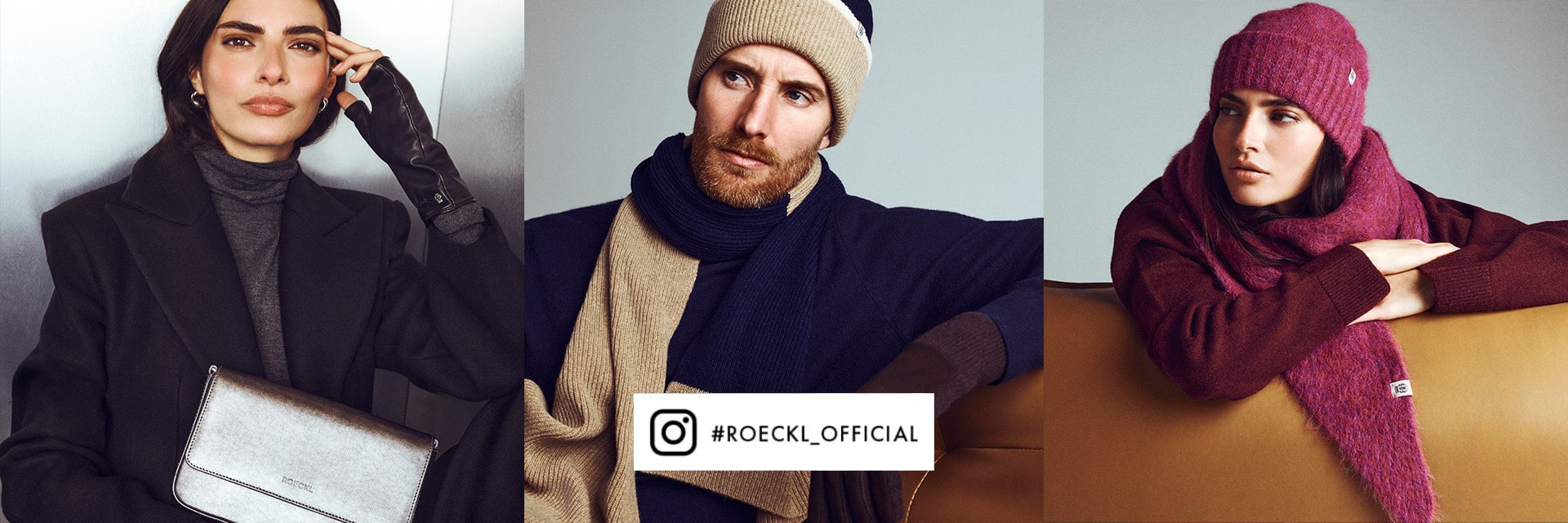 Eine Collage aus mehreren Bildern in denen die Models Handschuhe, Strickaccessoire, Taschen und Tücher präsentieren.