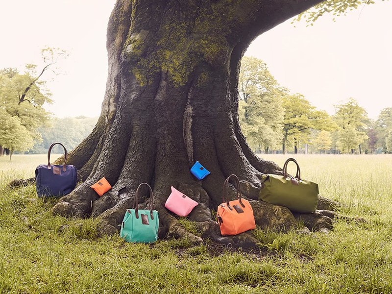 Roeckl Lederhandtaschen und Accessoires in leuchtenden Farben rund um einen großen Baum arrangiert – hochwertige Damen-Taschen im natürlichen Outdoor-Setting