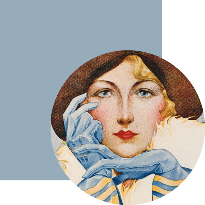 Roeckl Karte einer blonden Frau mit blauen Handschuhen und Hut