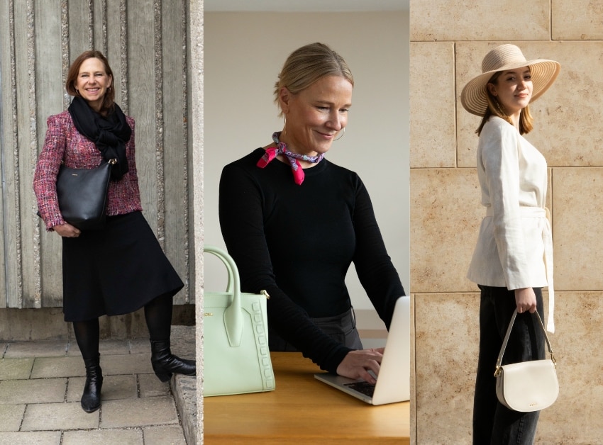 Drei Frauen mit verschiedenen ROECKL-Taschen und Seidentüchern – hochwertige Lederhandtaschen in Mintgrün, Schwarz und Creme kombiniert mit femininen Tüchern für jeden Anlass.