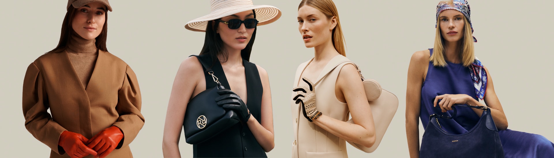 Vier stilvoll gekleidete Frauen mit ROECKL-Accessoires – Lederhandschuhe, Handtaschen und Seidentuch – zeigen elegante Modevielfalt und zeitlose Handwerkskunst.